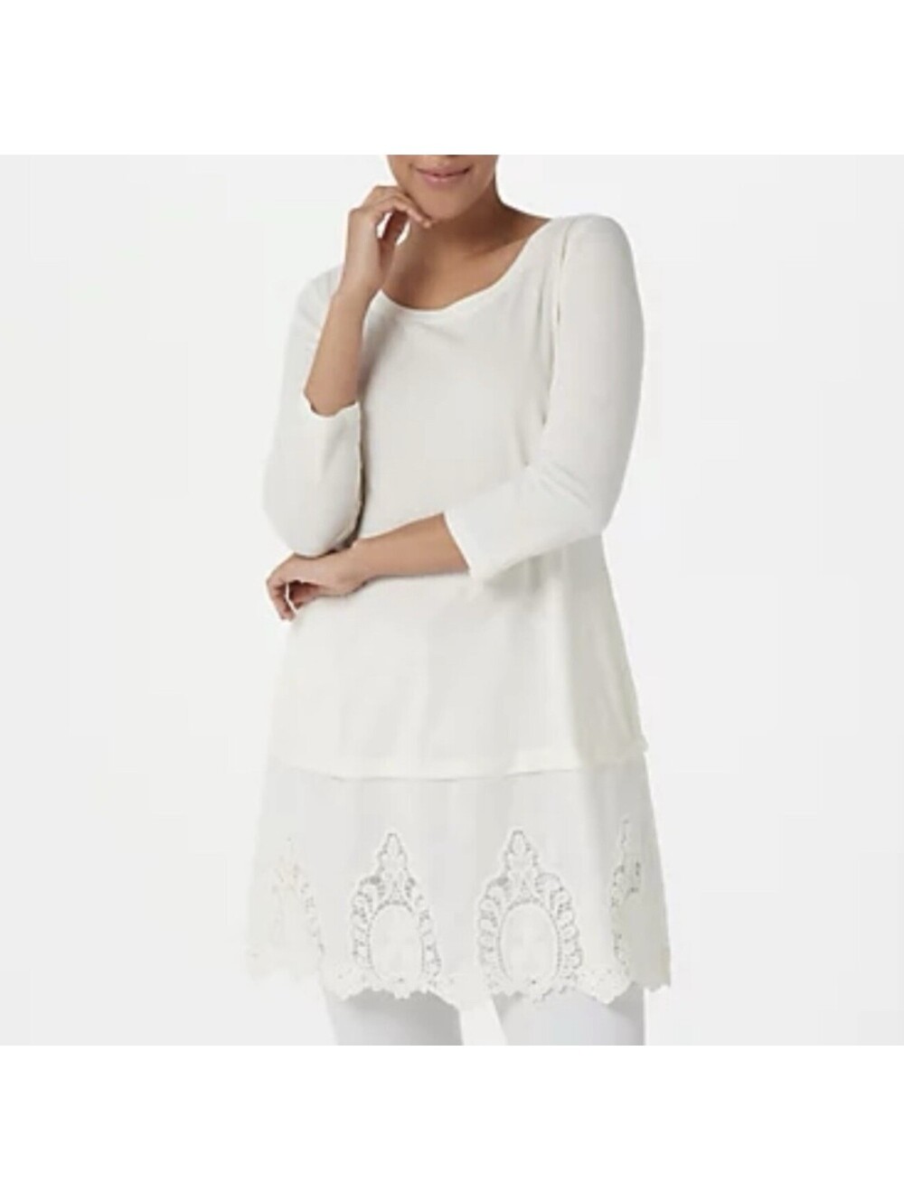LOGO Lori Goldstein Lace Hem Tunic Top Small Cream Cotton Modal 3/4 Sleeve